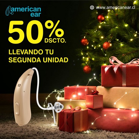 Imagen promocional de la oferta navideña: compra un audífono y obtén un 50% de descuento en el segundo.